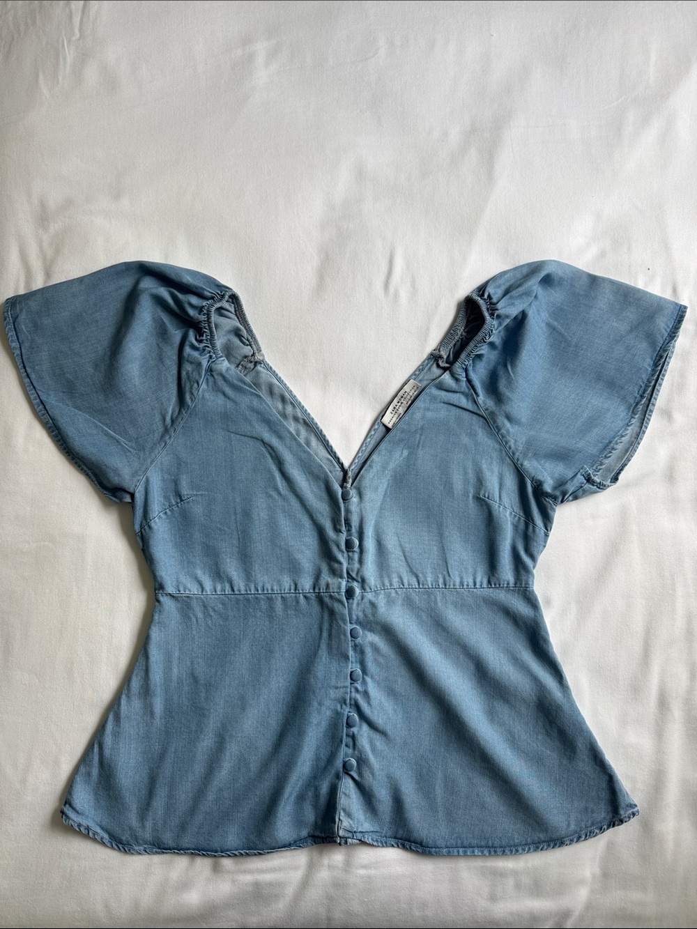 Zara | Jean-Color Button-Front Butterfly Sleeve Blouse | Size: XS